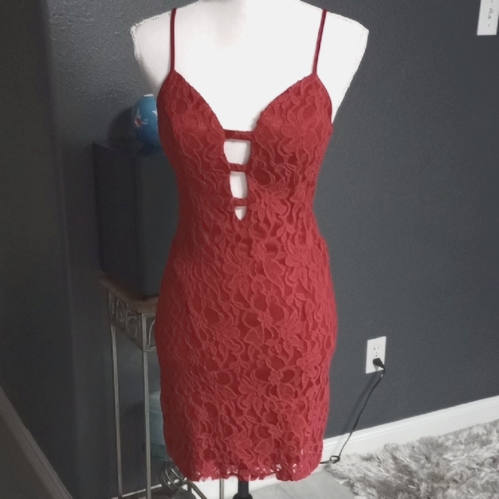 bebe Striking Red Lace Cut-Out Mini Dress